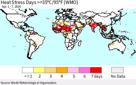 World Heat Stress Days >=35°C/95°F (WMO) Thematic Map For 4/1/2024 - 4/7/2024