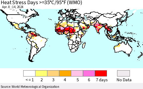 World Heat Stress Days >=35°C/95°F (WMO) Thematic Map For 4/8/2024 - 4/14/2024
