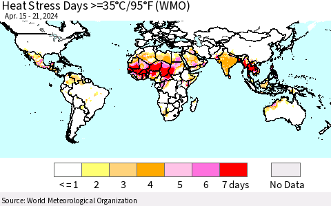 World Heat Stress Days >=35°C/95°F (WMO) Thematic Map For 4/15/2024 - 4/21/2024