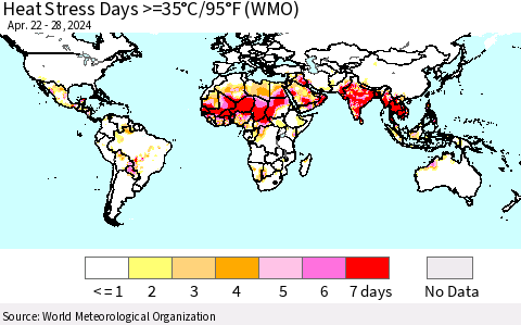 World Heat Stress Days >=35°C/95°F (WMO) Thematic Map For 4/22/2024 - 4/28/2024