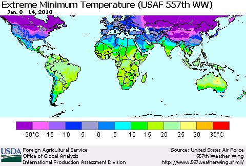 World Minimum Daily Temperature (USAF 557th WW) Thematic Map For 1/8/2018 - 1/14/2018