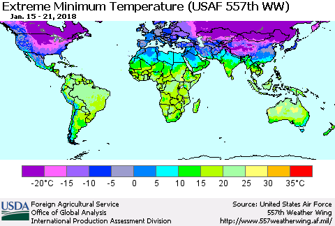 World Minimum Daily Temperature (USAF 557th WW) Thematic Map For 1/15/2018 - 1/21/2018