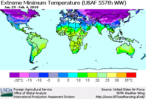 World Minimum Daily Temperature (USAF 557th WW) Thematic Map For 1/29/2018 - 2/4/2018