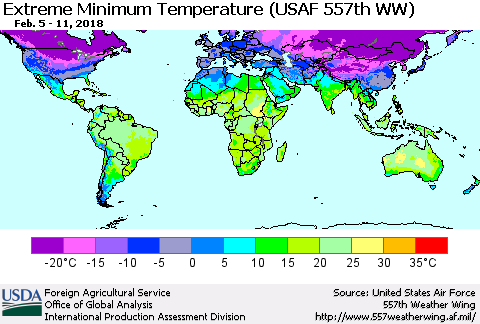 World Minimum Daily Temperature (USAF 557th WW) Thematic Map For 2/5/2018 - 2/11/2018