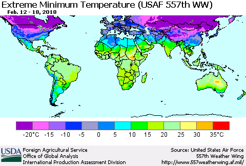 World Minimum Daily Temperature (USAF 557th WW) Thematic Map For 2/12/2018 - 2/18/2018