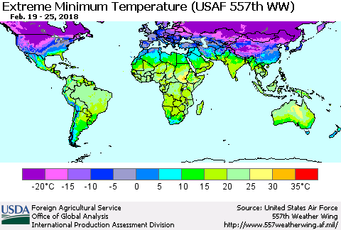 World Minimum Daily Temperature (USAF 557th WW) Thematic Map For 2/19/2018 - 2/25/2018