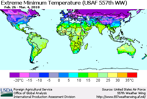 World Minimum Daily Temperature (USAF 557th WW) Thematic Map For 2/26/2018 - 3/4/2018