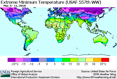 World Minimum Daily Temperature (USAF 557th WW) Thematic Map For 3/5/2018 - 3/11/2018