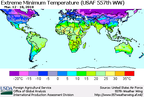 World Minimum Daily Temperature (USAF 557th WW) Thematic Map For 3/12/2018 - 3/18/2018