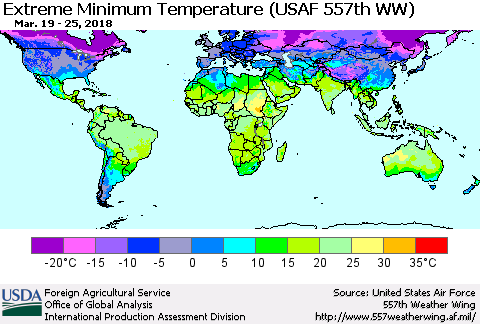World Minimum Daily Temperature (USAF 557th WW) Thematic Map For 3/19/2018 - 3/25/2018