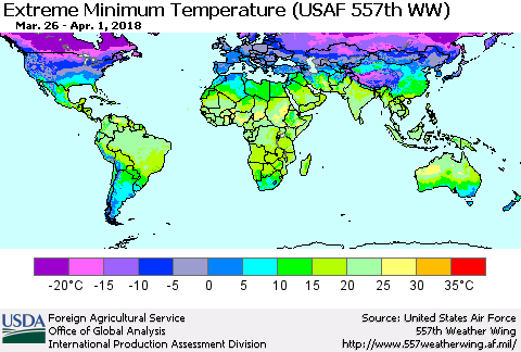 World Minimum Daily Temperature (USAF 557th WW) Thematic Map For 3/26/2018 - 4/1/2018
