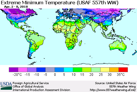 World Minimum Daily Temperature (USAF 557th WW) Thematic Map For 4/2/2018 - 4/8/2018