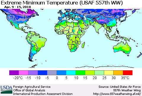 World Minimum Daily Temperature (USAF 557th WW) Thematic Map For 4/9/2018 - 4/15/2018
