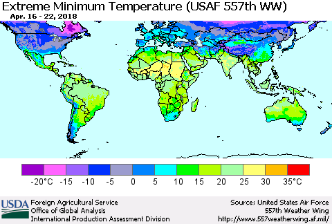 World Minimum Daily Temperature (USAF 557th WW) Thematic Map For 4/16/2018 - 4/22/2018