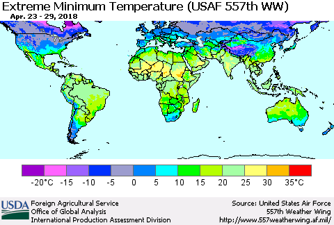 World Minimum Daily Temperature (USAF 557th WW) Thematic Map For 4/23/2018 - 4/29/2018