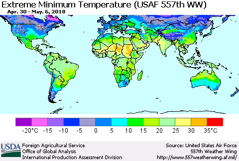 World Minimum Daily Temperature (USAF 557th WW) Thematic Map For 4/30/2018 - 5/6/2018
