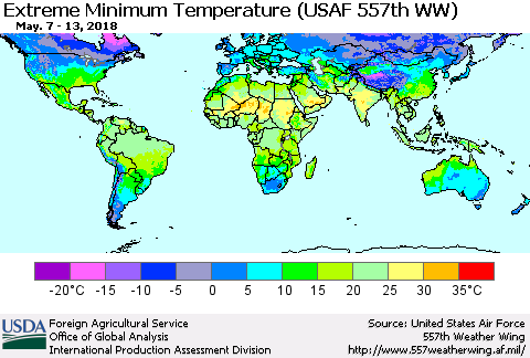World Minimum Daily Temperature (USAF 557th WW) Thematic Map For 5/7/2018 - 5/13/2018