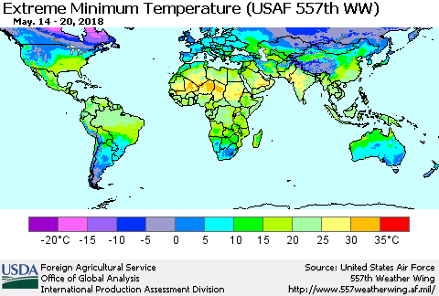 World Minimum Daily Temperature (USAF 557th WW) Thematic Map For 5/14/2018 - 5/20/2018