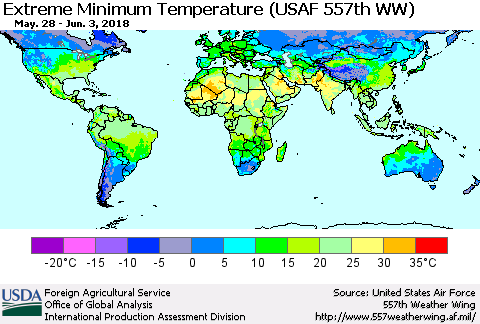 World Minimum Daily Temperature (USAF 557th WW) Thematic Map For 5/28/2018 - 6/3/2018