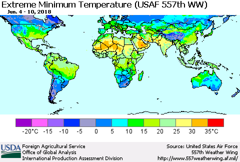 World Minimum Daily Temperature (USAF 557th WW) Thematic Map For 6/4/2018 - 6/10/2018