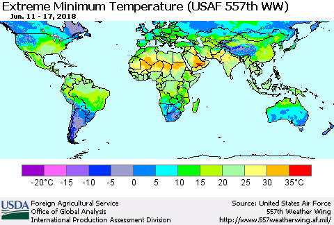 World Minimum Daily Temperature (USAF 557th WW) Thematic Map For 6/11/2018 - 6/17/2018