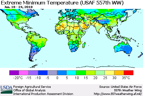 World Minimum Daily Temperature (USAF 557th WW) Thematic Map For 6/18/2018 - 6/24/2018