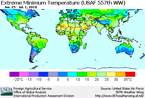 World Minimum Daily Temperature (USAF 557th WW) Thematic Map For 6/25/2018 - 7/1/2018