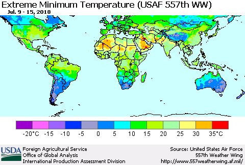 World Minimum Daily Temperature (USAF 557th WW) Thematic Map For 7/9/2018 - 7/15/2018