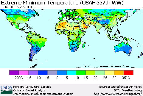 World Minimum Daily Temperature (USAF 557th WW) Thematic Map For 7/16/2018 - 7/22/2018