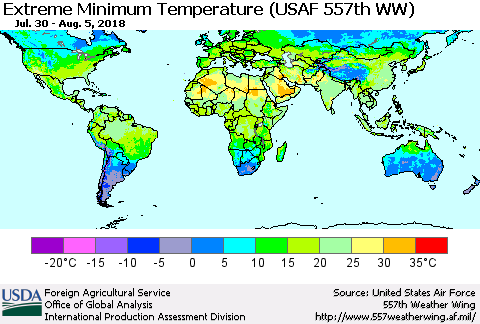 World Minimum Daily Temperature (USAF 557th WW) Thematic Map For 7/30/2018 - 8/5/2018