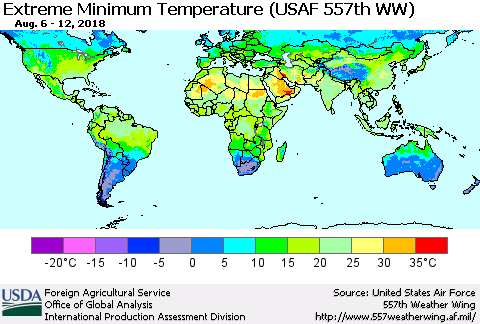 World Minimum Daily Temperature (USAF 557th WW) Thematic Map For 8/6/2018 - 8/12/2018