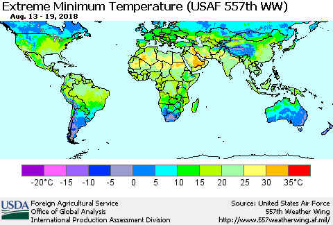 World Minimum Daily Temperature (USAF 557th WW) Thematic Map For 8/13/2018 - 8/19/2018