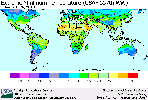 World Minimum Daily Temperature (USAF 557th WW) Thematic Map For 8/20/2018 - 8/26/2018