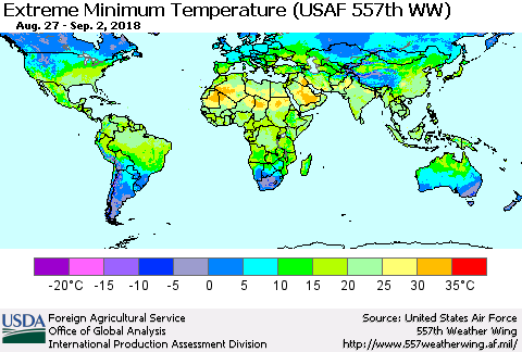 World Minimum Daily Temperature (USAF 557th WW) Thematic Map For 8/27/2018 - 9/2/2018
