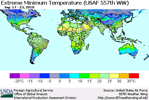 World Minimum Daily Temperature (USAF 557th WW) Thematic Map For 9/17/2018 - 9/23/2018