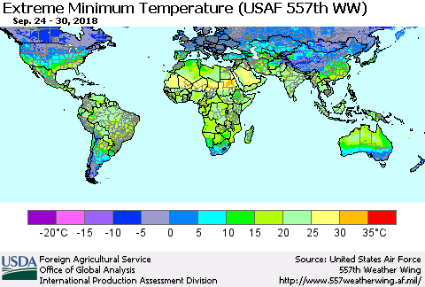 World Minimum Daily Temperature (USAF 557th WW) Thematic Map For 9/24/2018 - 9/30/2018