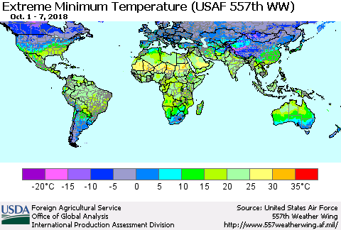 World Minimum Daily Temperature (USAF 557th WW) Thematic Map For 10/1/2018 - 10/7/2018