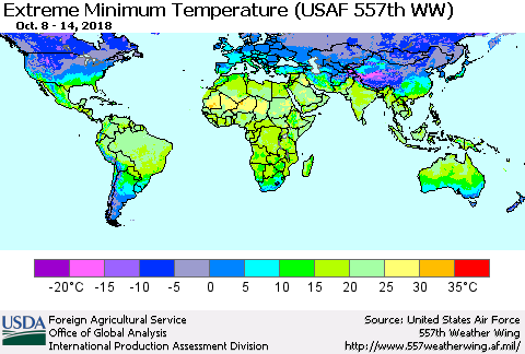 World Minimum Daily Temperature (USAF 557th WW) Thematic Map For 10/8/2018 - 10/14/2018