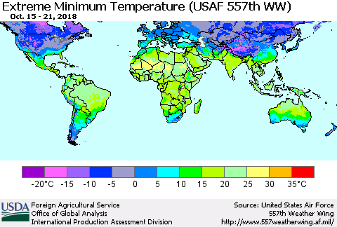 World Minimum Daily Temperature (USAF 557th WW) Thematic Map For 10/15/2018 - 10/21/2018