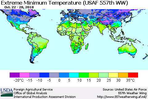 World Minimum Daily Temperature (USAF 557th WW) Thematic Map For 10/22/2018 - 10/28/2018