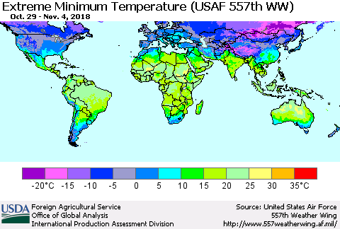 World Minimum Daily Temperature (USAF 557th WW) Thematic Map For 10/29/2018 - 11/4/2018