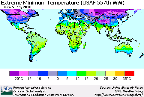 World Minimum Daily Temperature (USAF 557th WW) Thematic Map For 11/5/2018 - 11/11/2018