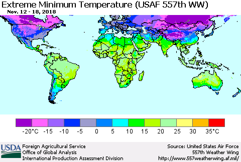 World Minimum Daily Temperature (USAF 557th WW) Thematic Map For 11/12/2018 - 11/18/2018