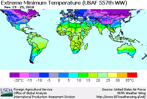 World Minimum Daily Temperature (USAF 557th WW) Thematic Map For 11/19/2018 - 11/25/2018