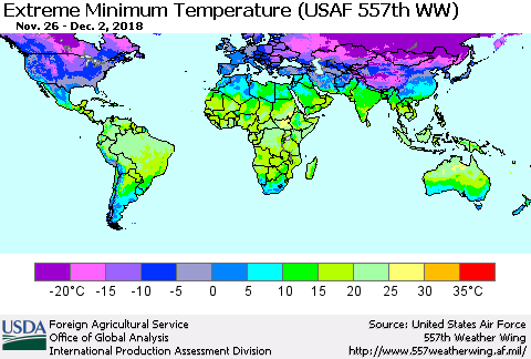 World Minimum Daily Temperature (USAF 557th WW) Thematic Map For 11/26/2018 - 12/2/2018