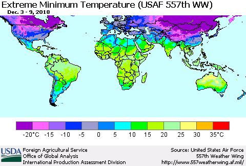World Minimum Daily Temperature (USAF 557th WW) Thematic Map For 12/3/2018 - 12/9/2018