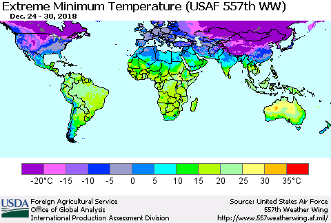 World Minimum Daily Temperature (USAF 557th WW) Thematic Map For 12/24/2018 - 12/30/2018