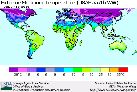 World Minimum Daily Temperature (USAF 557th WW) Thematic Map For 1/7/2019 - 1/13/2019