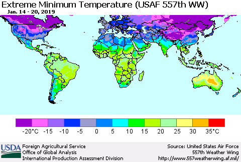 World Minimum Daily Temperature (USAF 557th WW) Thematic Map For 1/14/2019 - 1/20/2019