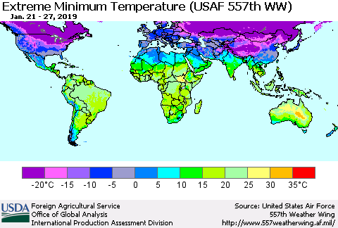 World Minimum Daily Temperature (USAF 557th WW) Thematic Map For 1/21/2019 - 1/27/2019